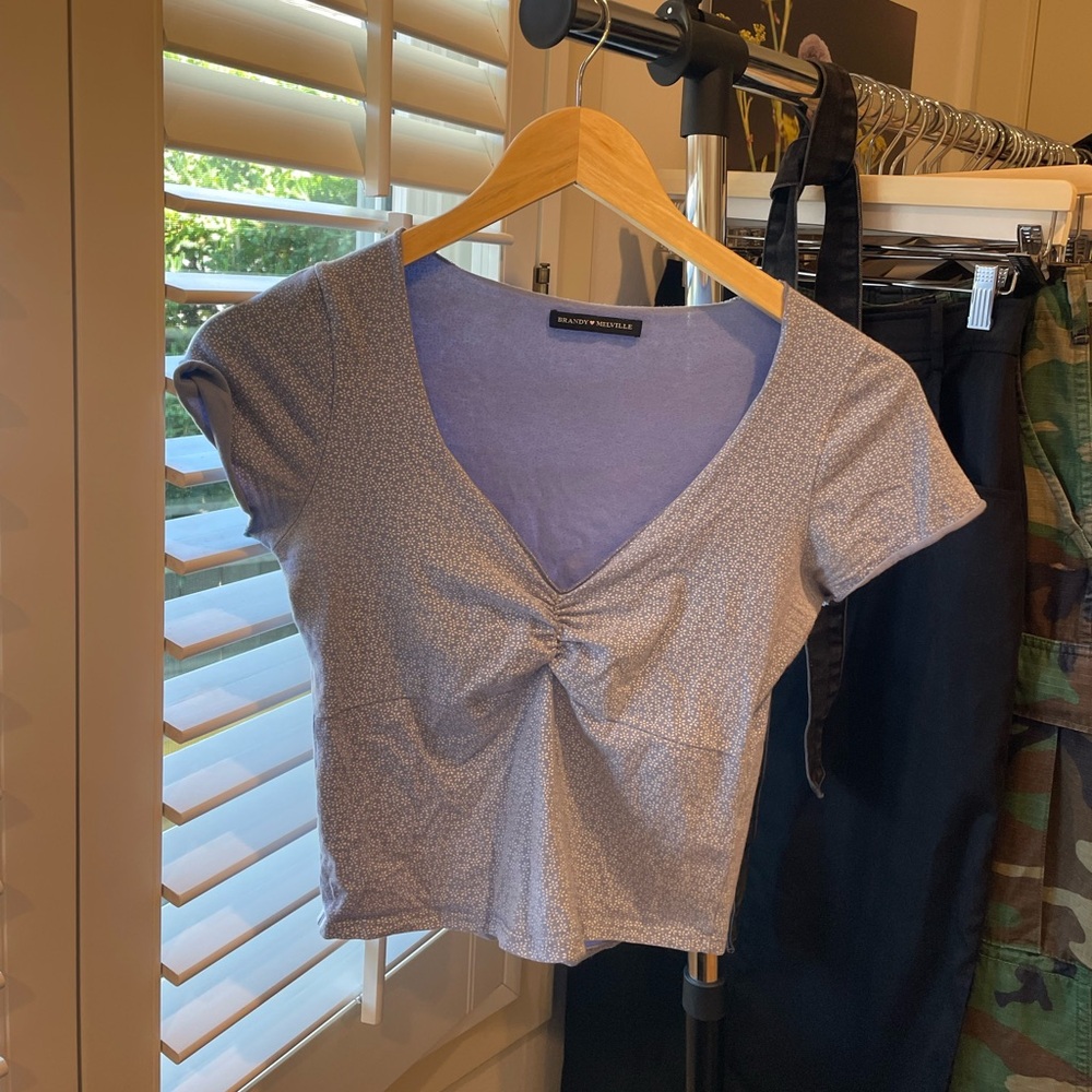 Brandy Melville sky blue floral top with vneck scrunch